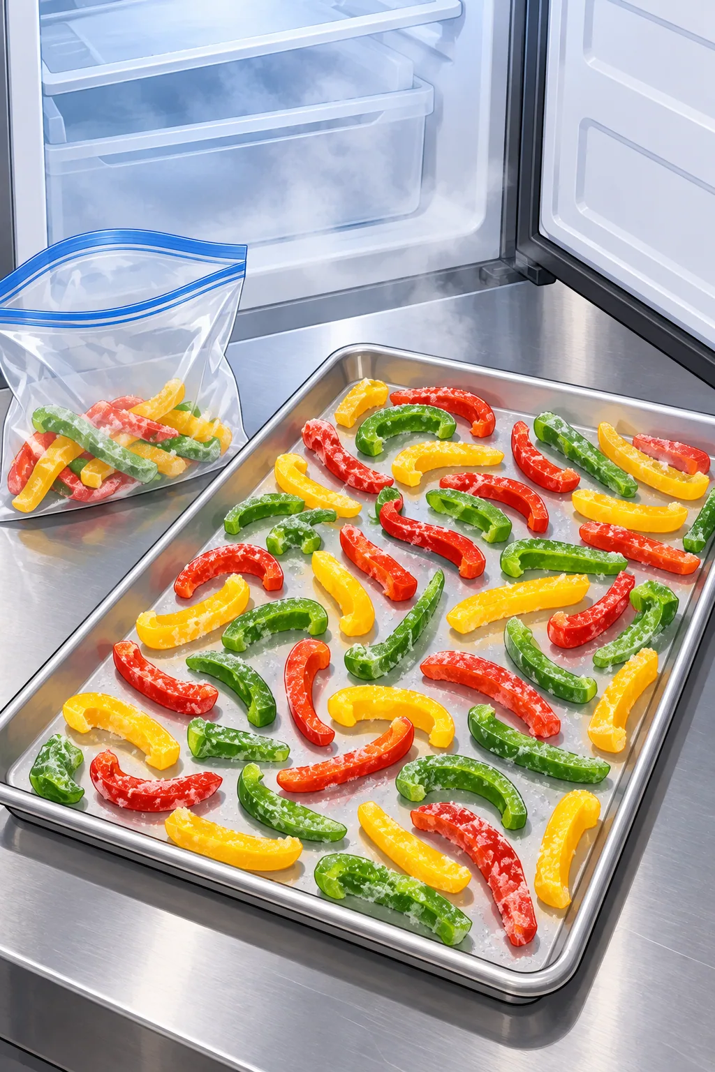 A rimmed baking sheet covered in a single layer of frosted red, green and yellow pepper strips beside an open freezer, with a zip bag of loose frozen strips next to it.