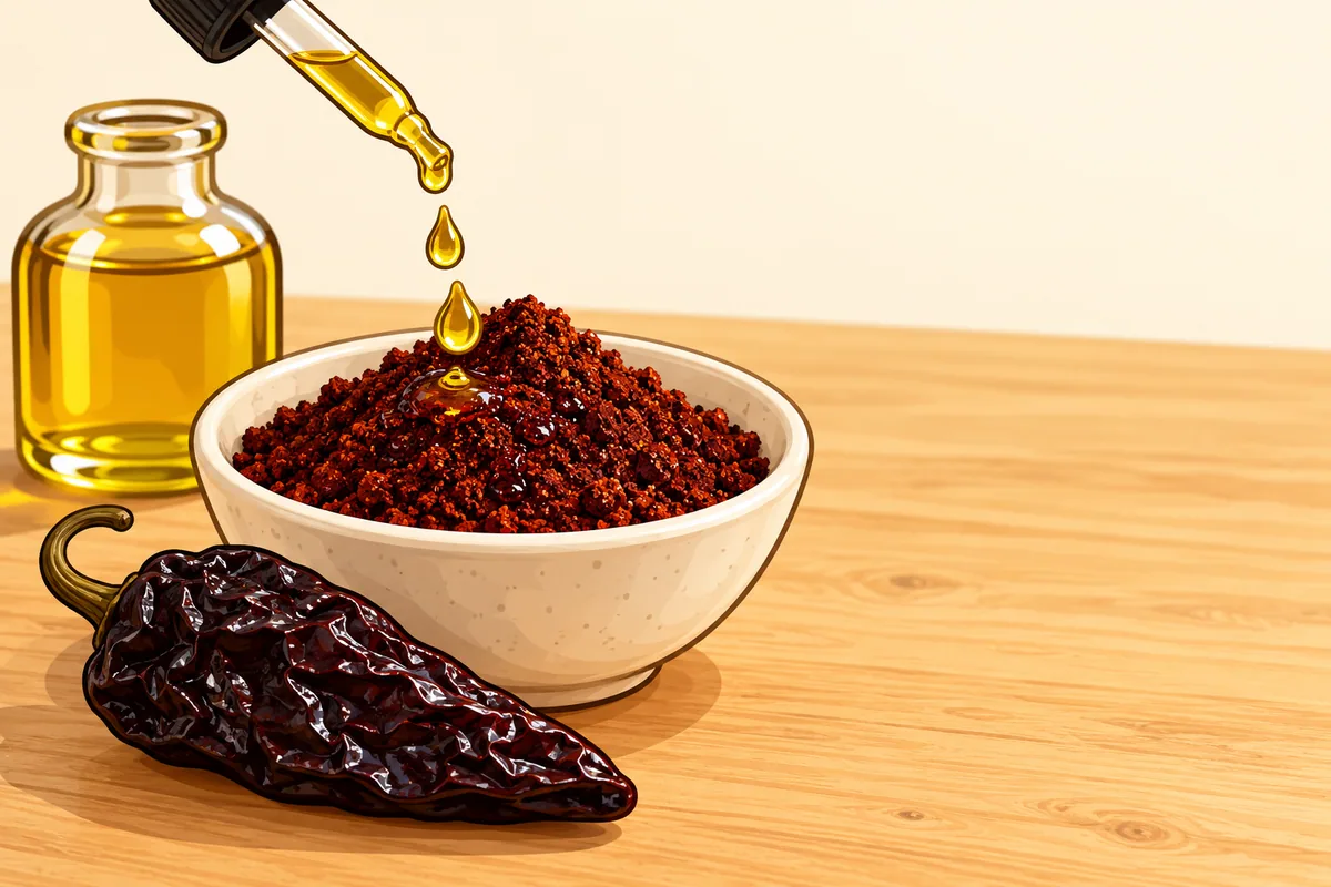 Three golden drops of olive oil falling from a glass dropper onto a bowl of dark red-brown ground ancho, with a dried ancho pod and a small bottle of oil beside it.