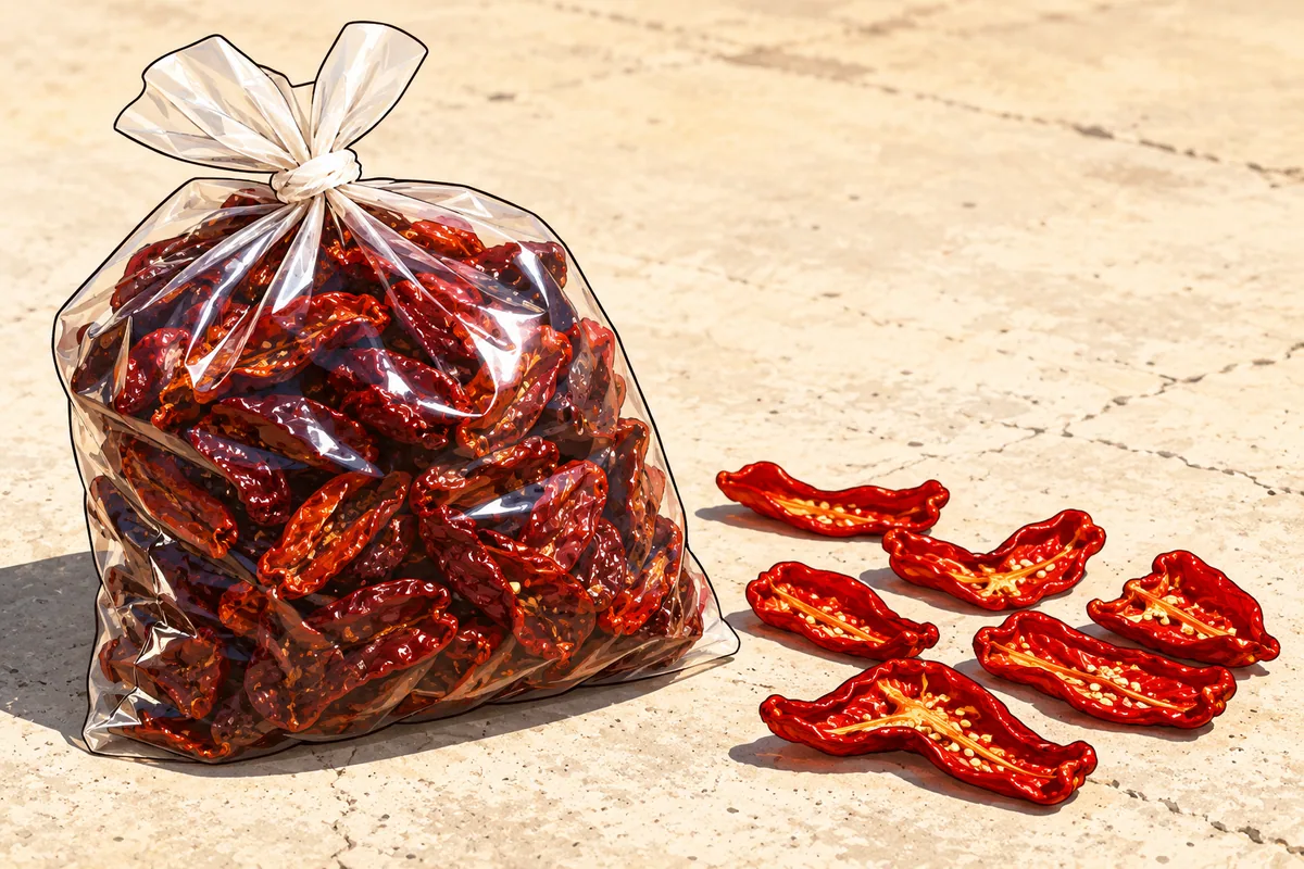 A clear plastic bag packed with dark half-dried pepper pieces sitting on sunlit concrete, with a few bright red split pieces drying beside it.