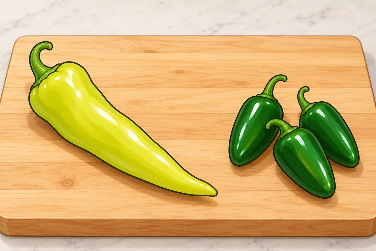 One long pale yellow-green Hungarian wax pepper on a cutting board beside a tight group of three short dark green jalapeños.