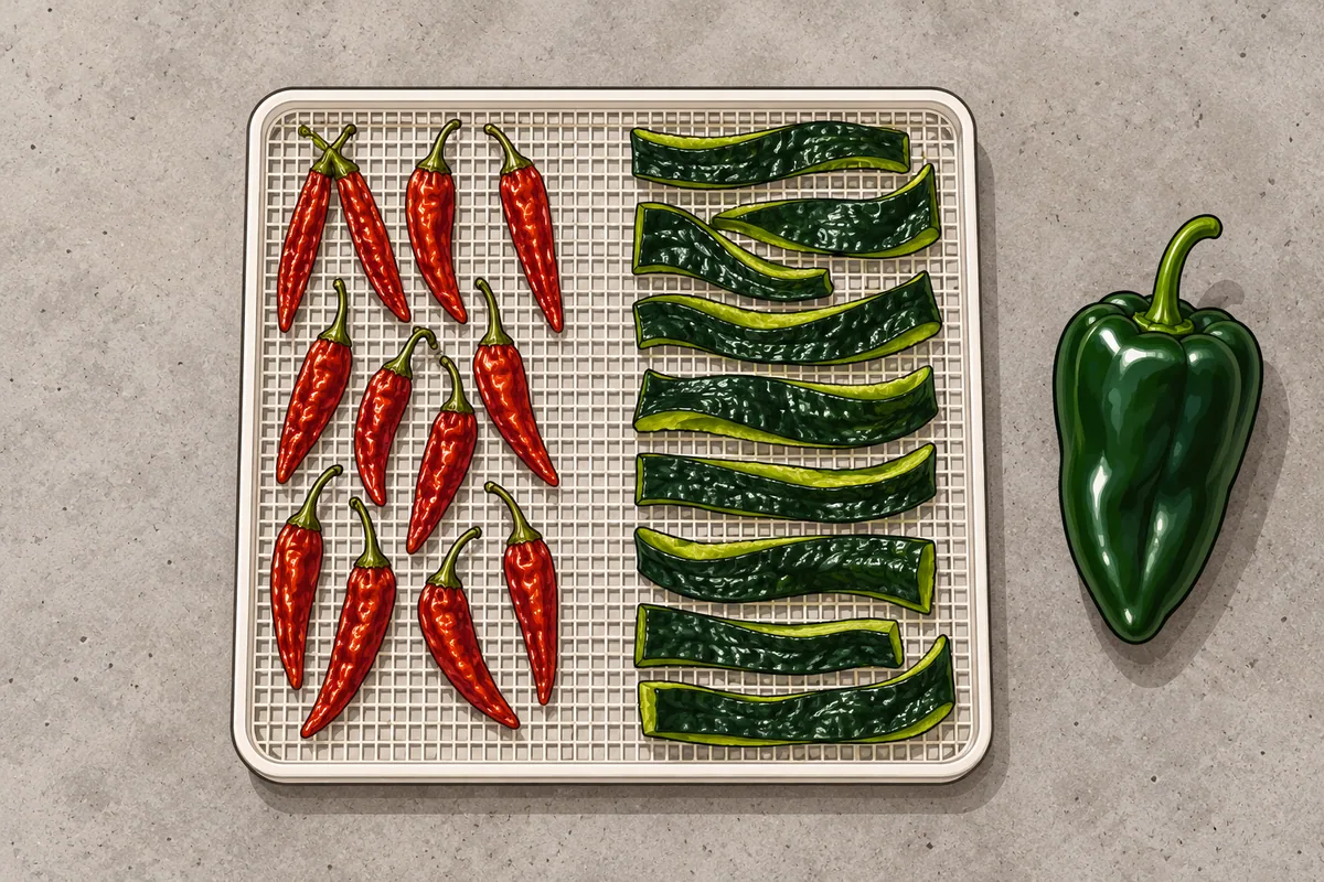 A square dehydrator tray seen from above with small whole red chiles on the left half and strips of a dark green poblano on the right, an uncut poblano beside it on a concrete bench.