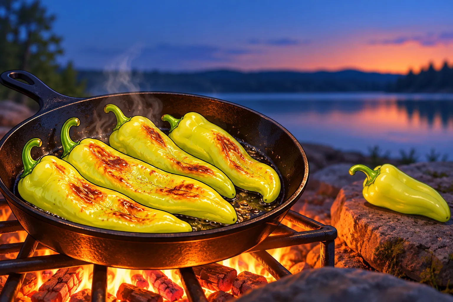 Four long pale yellow-green frying peppers sizzling in a cast-iron skillet over a campfire by a lake at dusk, with one raw pepper on a rock beside the fire.