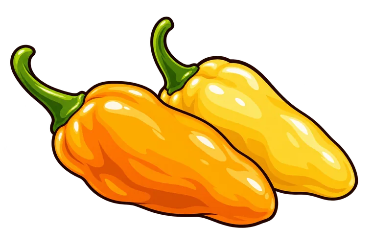 Two small finger-shaped datil peppers, one golden yellow-orange and one pale yellow, with short green stems.