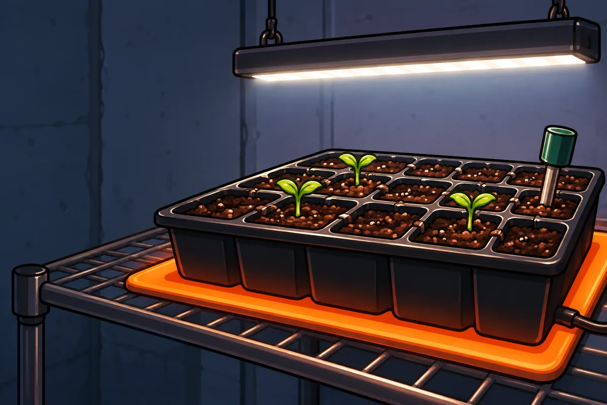 A black seed tray on an orange heat mat under a low grow light on a basement shelf, three tiny seedlings up and most cells still bare, a thermometer probe in one cell.