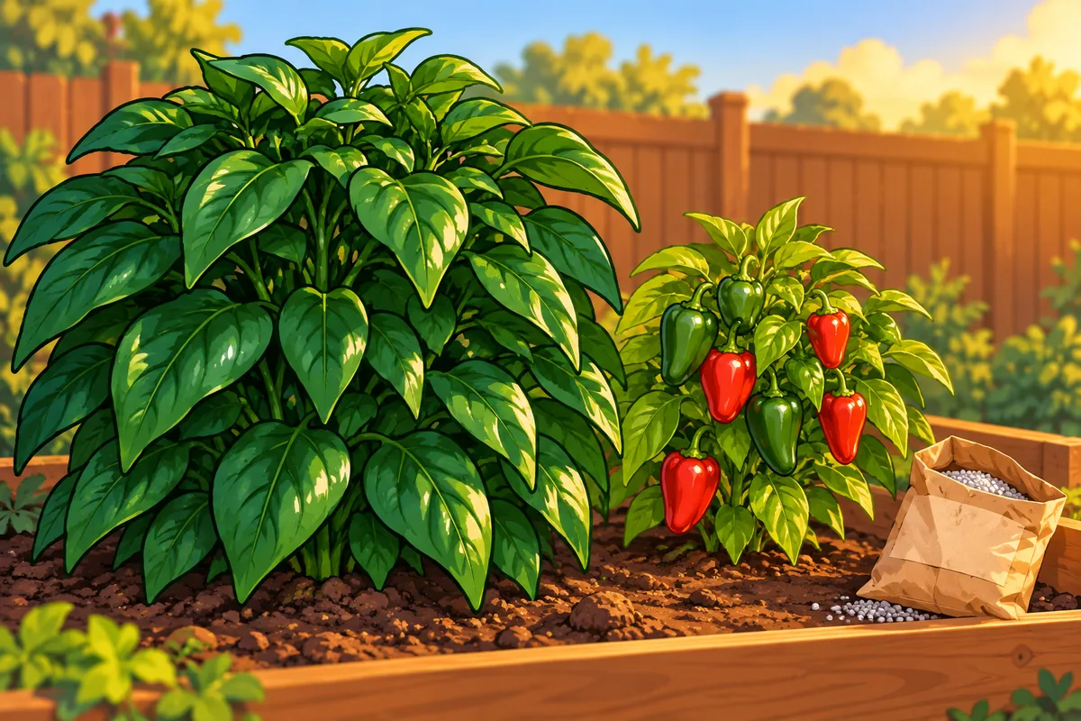 A huge, dense, dark green pepper plant with no pods beside a smaller, lighter plant hung with green and red peppers, a paper bag of granular fertilizer at the bed's edge.