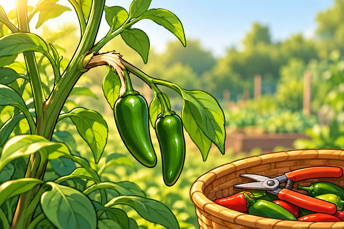 A pepper plant with one side branch snapped at the joint and hanging, two green pods still on it, and garden snips lying in a harvest basket below.