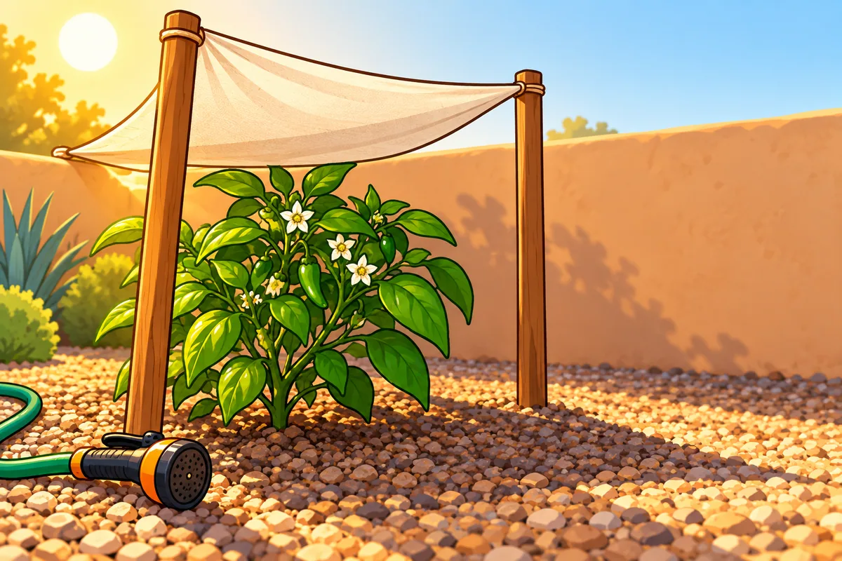 A flowering pepper plant with two small new pods under a pale shade cloth stretched between two wooden posts, with hot late-afternoon sun striking the gravel around it.