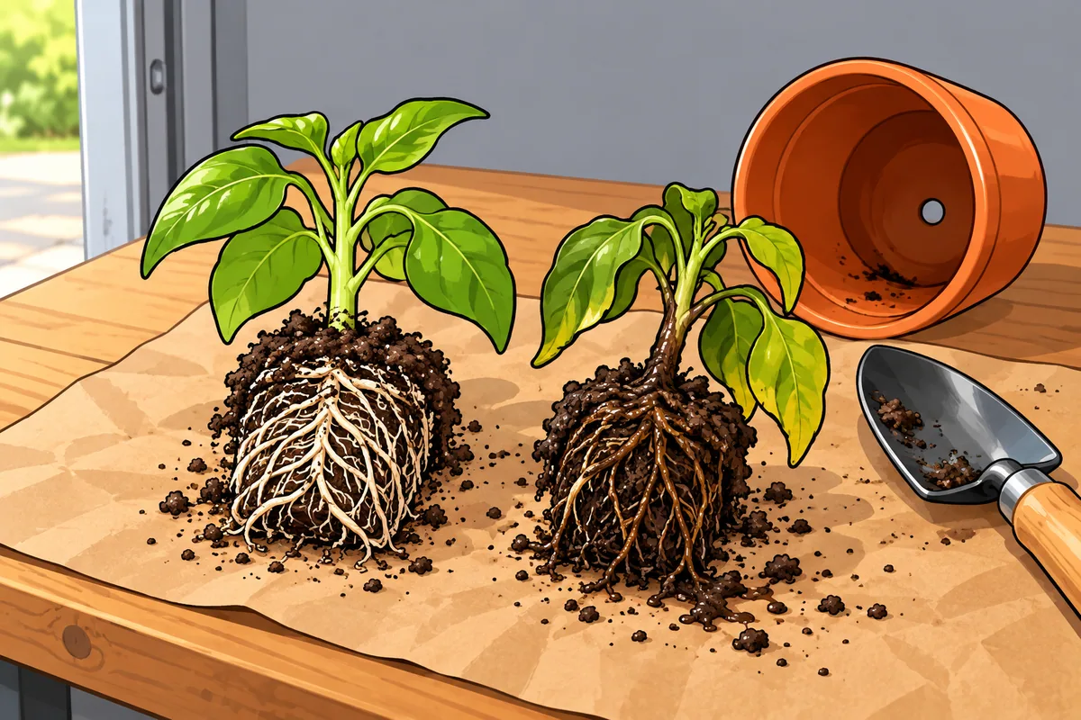 Two young pepper plants lifted from their pots on brown paper: one root ball with firm white roots, the other with dark brown, soggy roots and yellowing leaves.