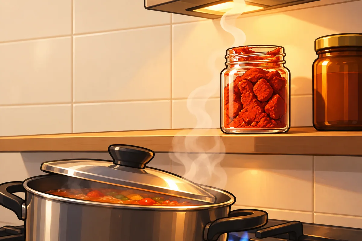 An open glass jar of clumped brick-red chile powder on a shelf above a simmering pot, with steam rising past it and a closed amber jar beside it.