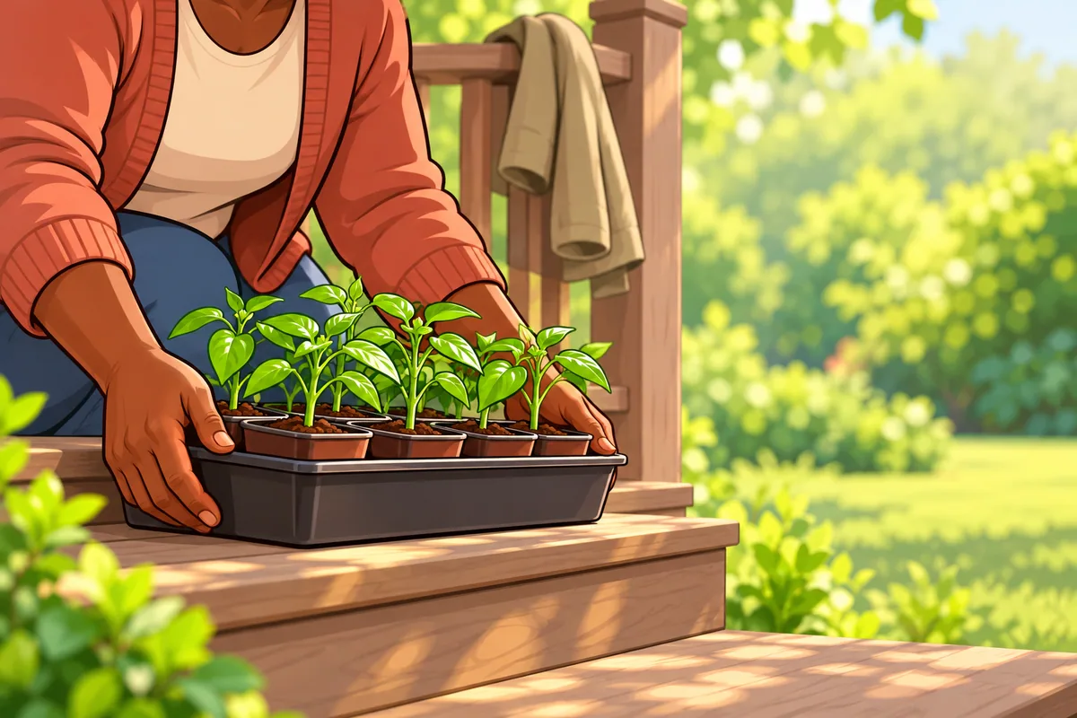 A woman in a cardigan setting a tray of young pepper seedlings on a back-porch step in dappled morning shade, a jacket hanging on the porch rail.