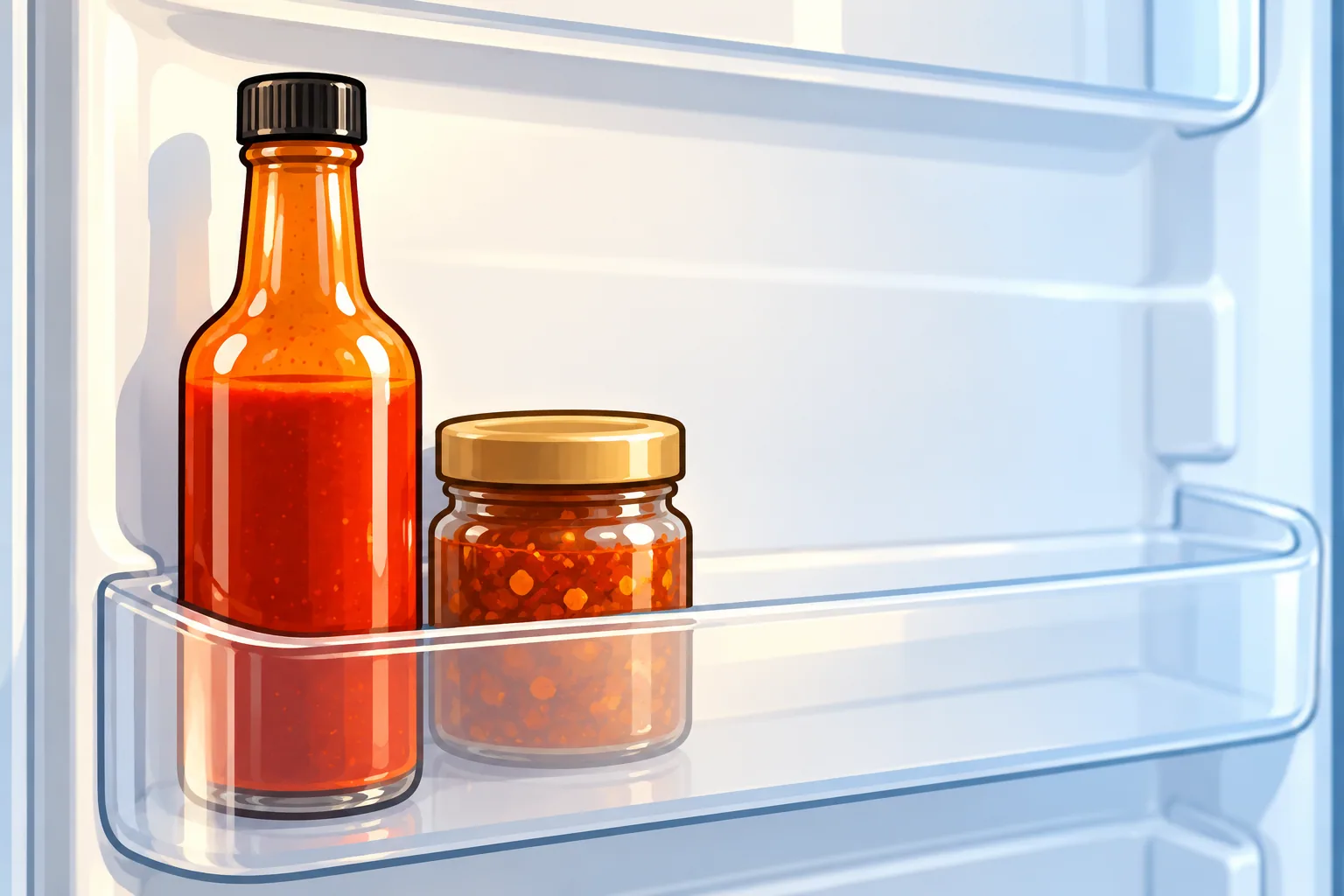 A hand holds a half-empty generic hot sauce bottle up to a kitchen window, the sauce a deep brick red against the light, with a cupboard shelf of other unlabeled bottles behind.