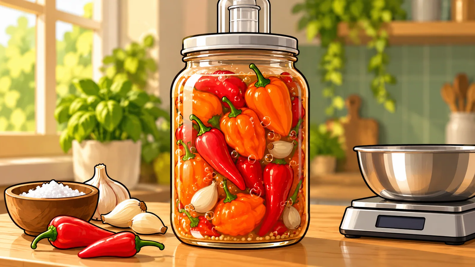 A glass jar of red and orange chiles fermenting in cloudy brine under an airlock lid, next to a kitchen scale and a few garlic cloves on a sunny counter.