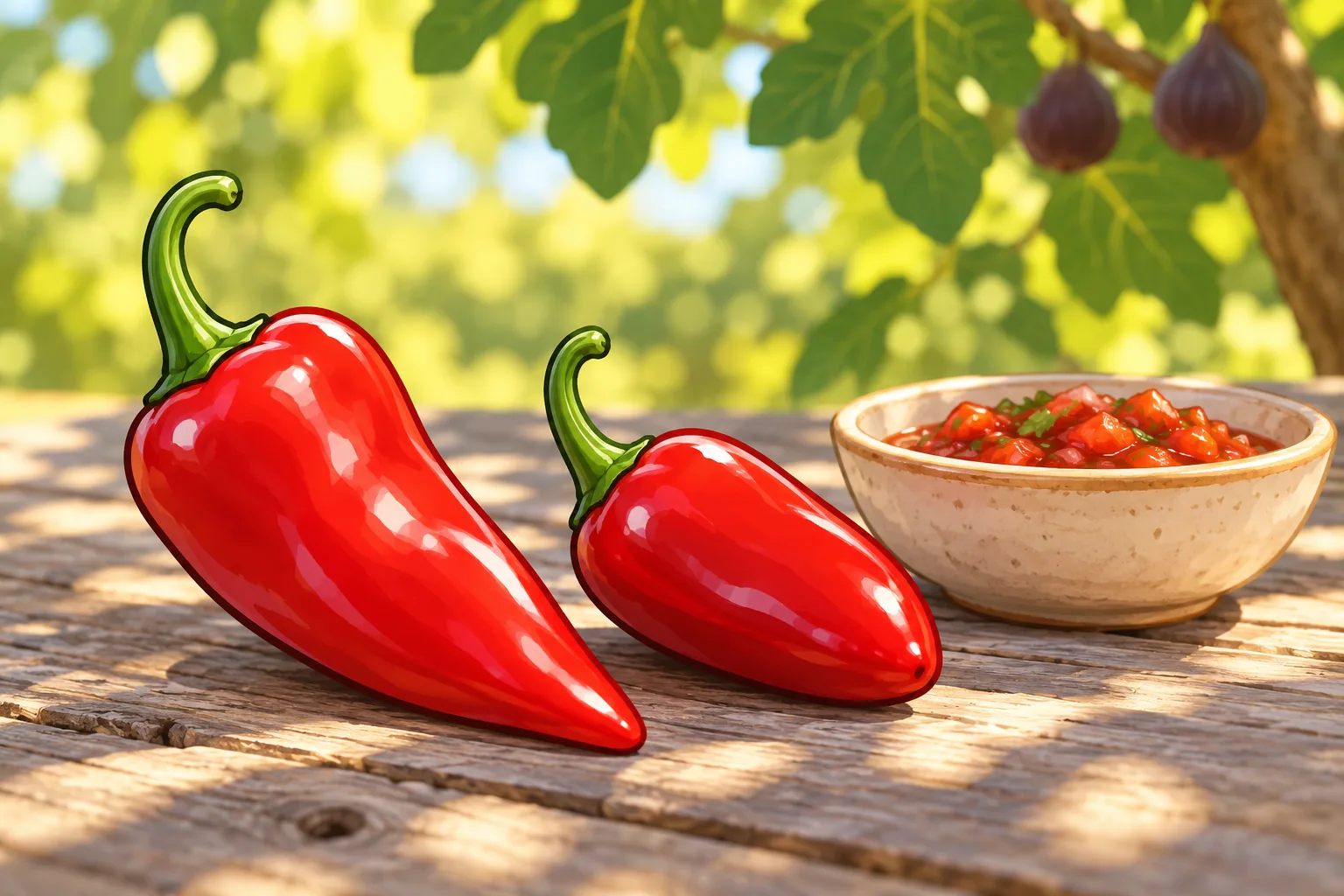 A glossy red Fresno chili with a broad shoulder on a weathered picnic table in dappled fig-tree light, with a blunt red jalapeño and a small bowl of red salsa beside it.