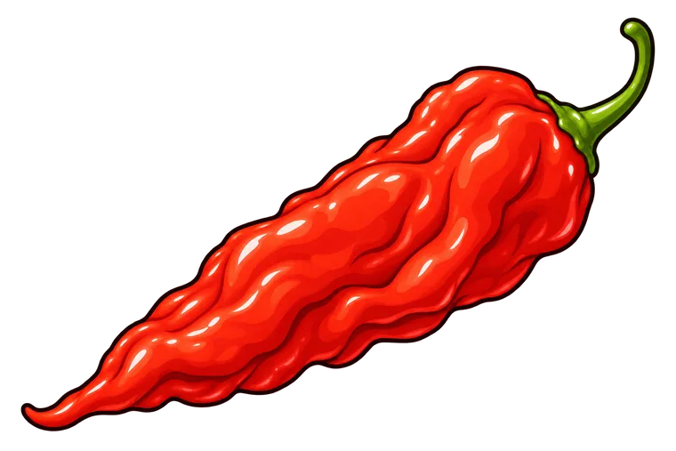 A long, wrinkled bright red ghost pepper pod with a rippled surface and a narrow tapering tip.