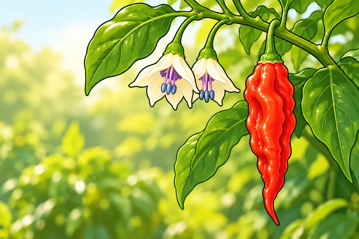 A ghost pepper branch with two drooping cream-white flowers at one node, purple filaments and blue anthers, beside a long rippled red pod whose cap shows a faint ring at the stem.