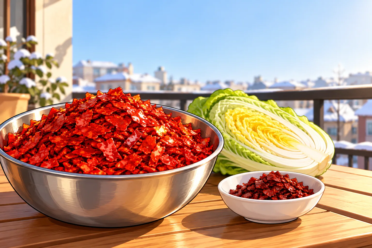 A steel bowl heaped with bright red seedless chile flakes on a winter balcony table, with half a napa cabbage and a small dish of darker flakes beside it.