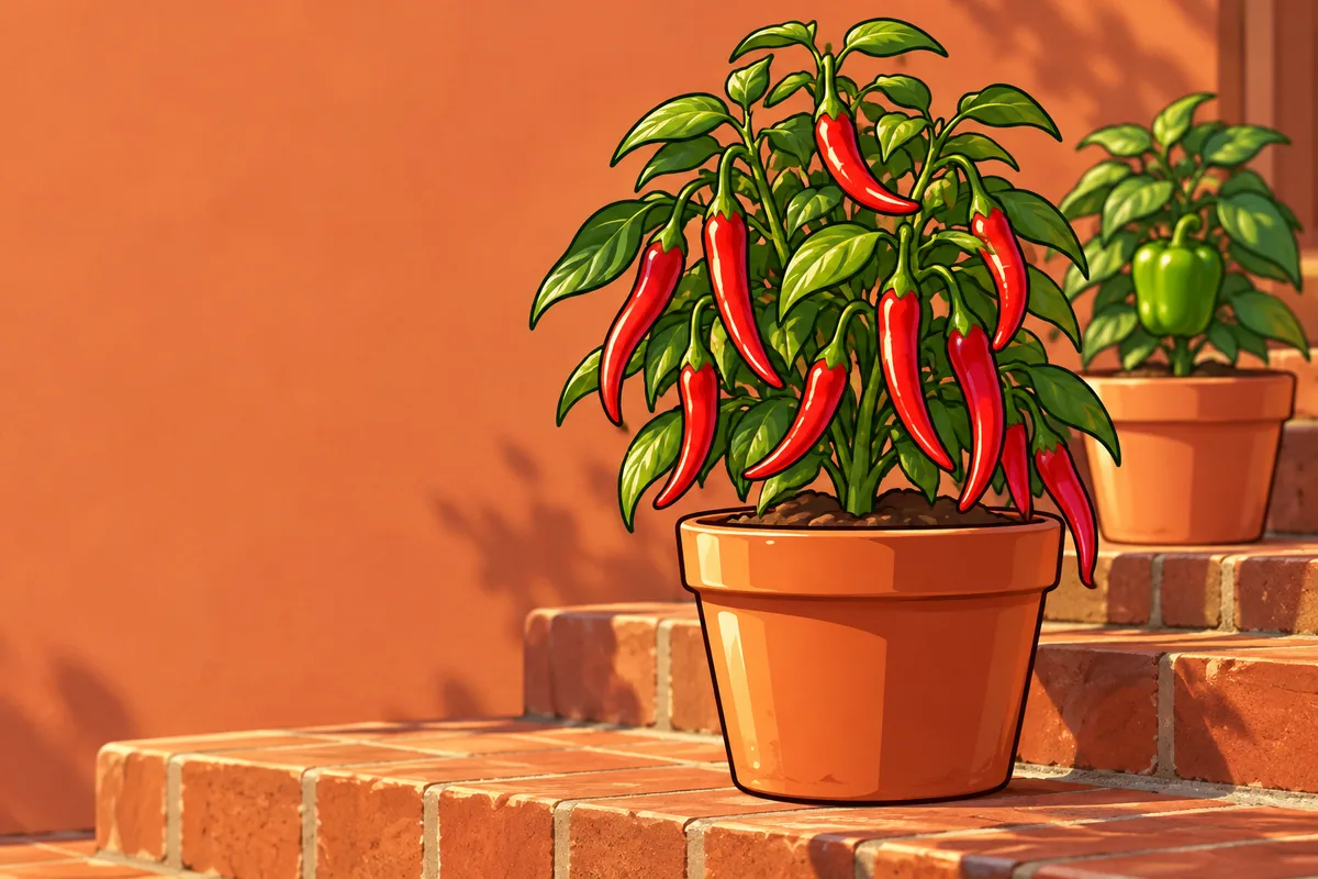 A pepper plant hung with many long, slim red cayenne-style pods in a clay pot on a brick stoop, with a smaller bell pepper plant carrying one green bell in a pot behind it.