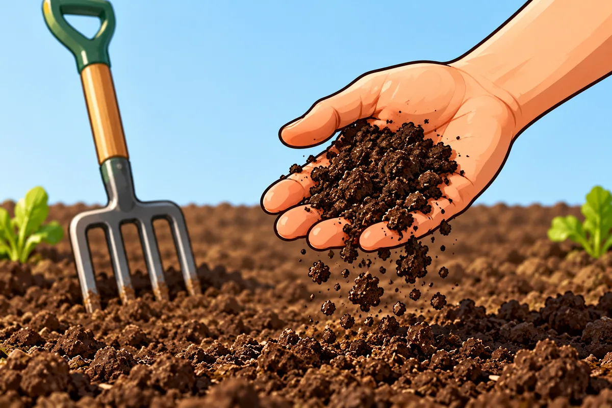 An open hand holding dark garden soil that breaks into loose crumbs and falls back onto a freshly dug bed, a garden fork standing in the soil behind.