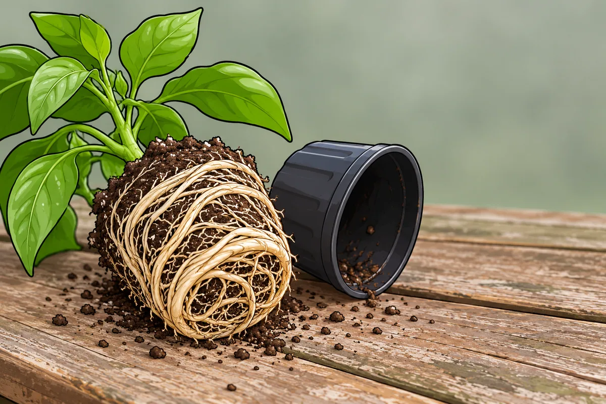 A pepper root ball slid out of a small black nursery pot on a wooden table, wrapped in thick pale roots circling around the shape of the pot.