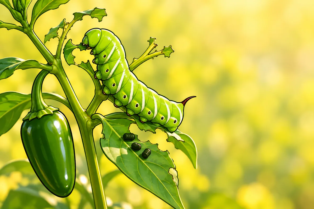 A plump green tomato hornworm with pale side stripes and a horn on its tail clinging to a pepper stem whose leaves are chewed down to bare stalks, with dark droppings on a leaf below.