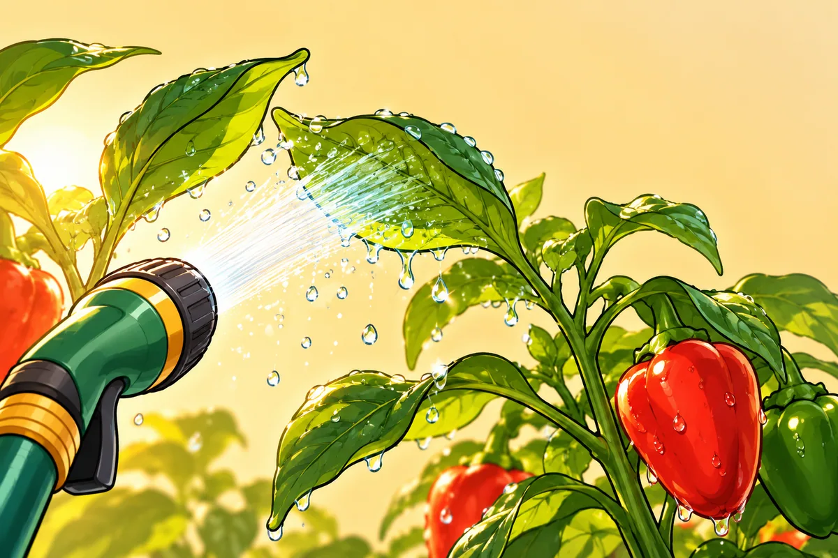 A strong jet of water from a garden hose nozzle hitting the undersides of pepper leaves, tipping them up and throwing droplets into the low morning sun.