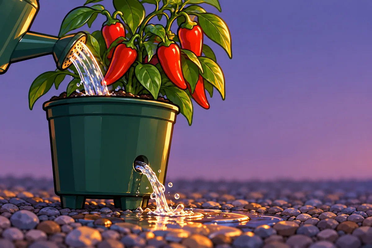 Water pouring from a can into a green plastic pot of red chile peppers on pot feet, and a stream of water running out of the drainage hole onto pebbles at dusk.