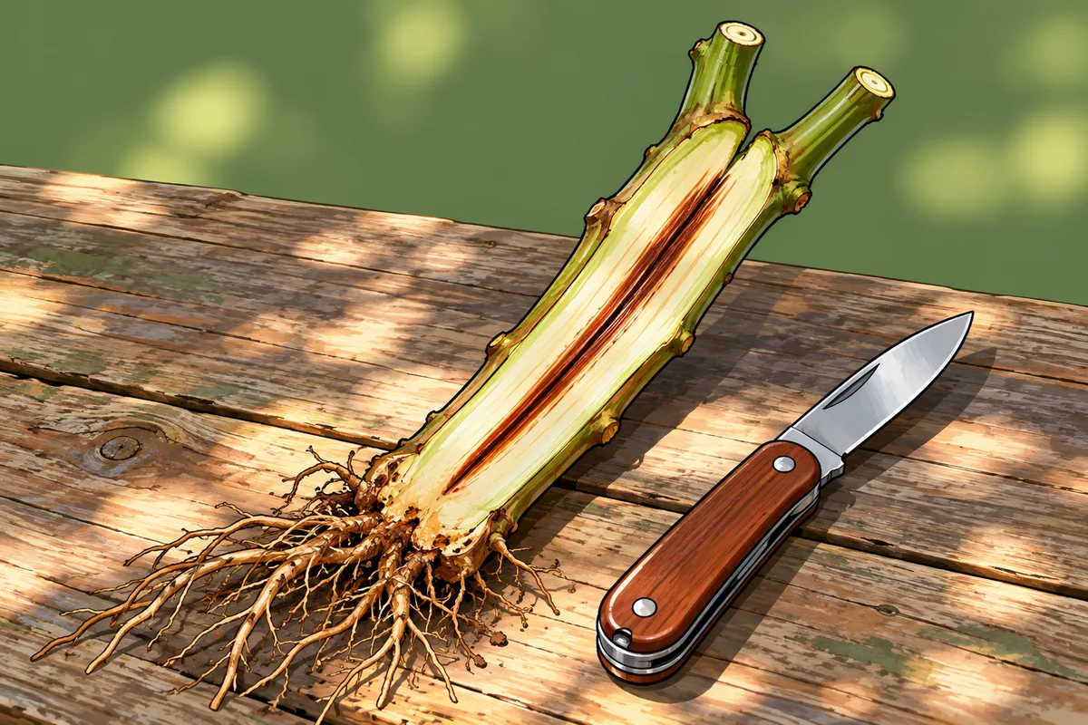 The lower stem of a pepper plant with its roots, split lengthwise on a wooden table to show a dark red-brown streak running up the pale inside, a folding knife beside it.