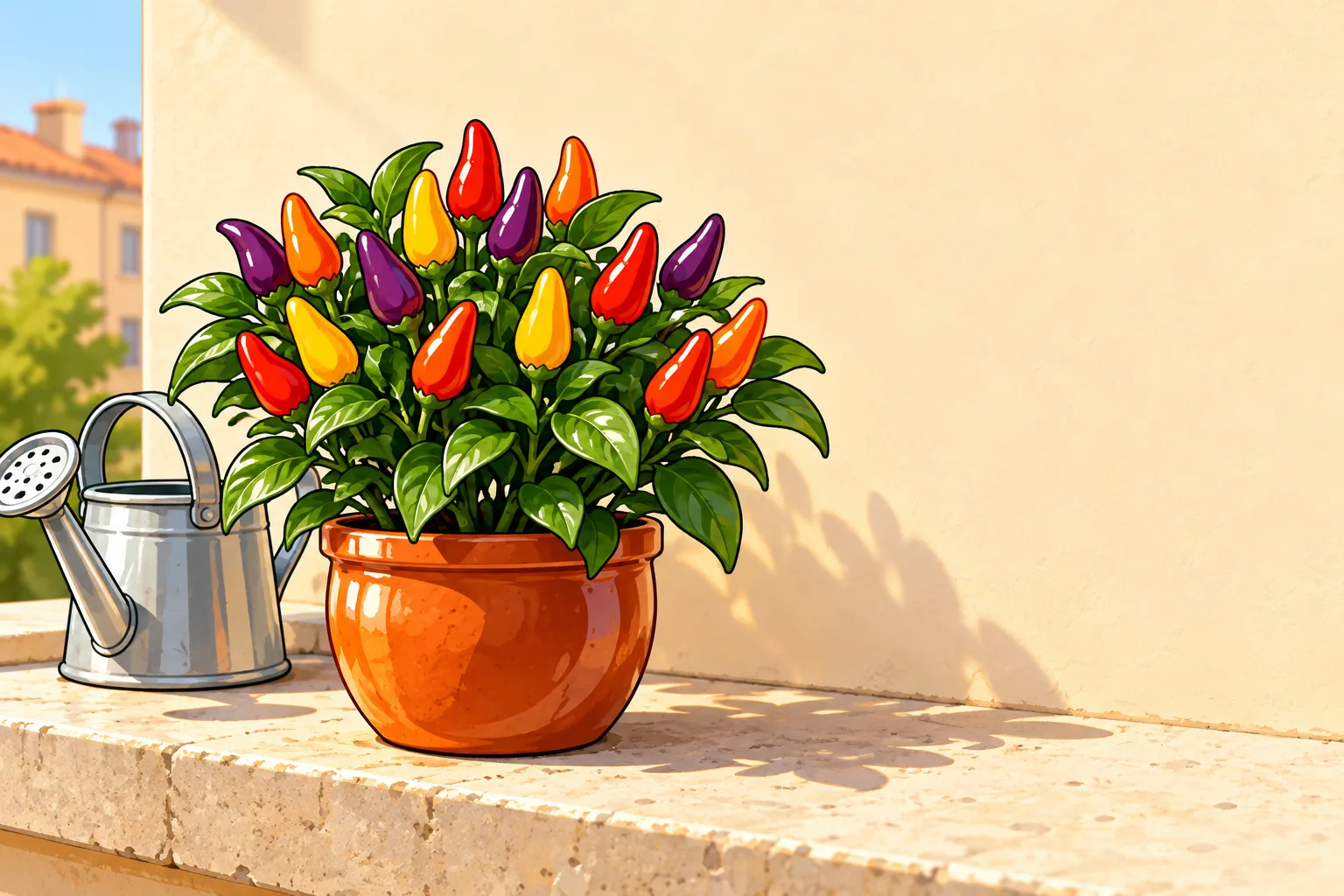 A short, bushy ornamental pepper covered in small upright purple, yellow, orange and red pods in a round clay pot on a sunny stone window ledge, a small watering can beside it.