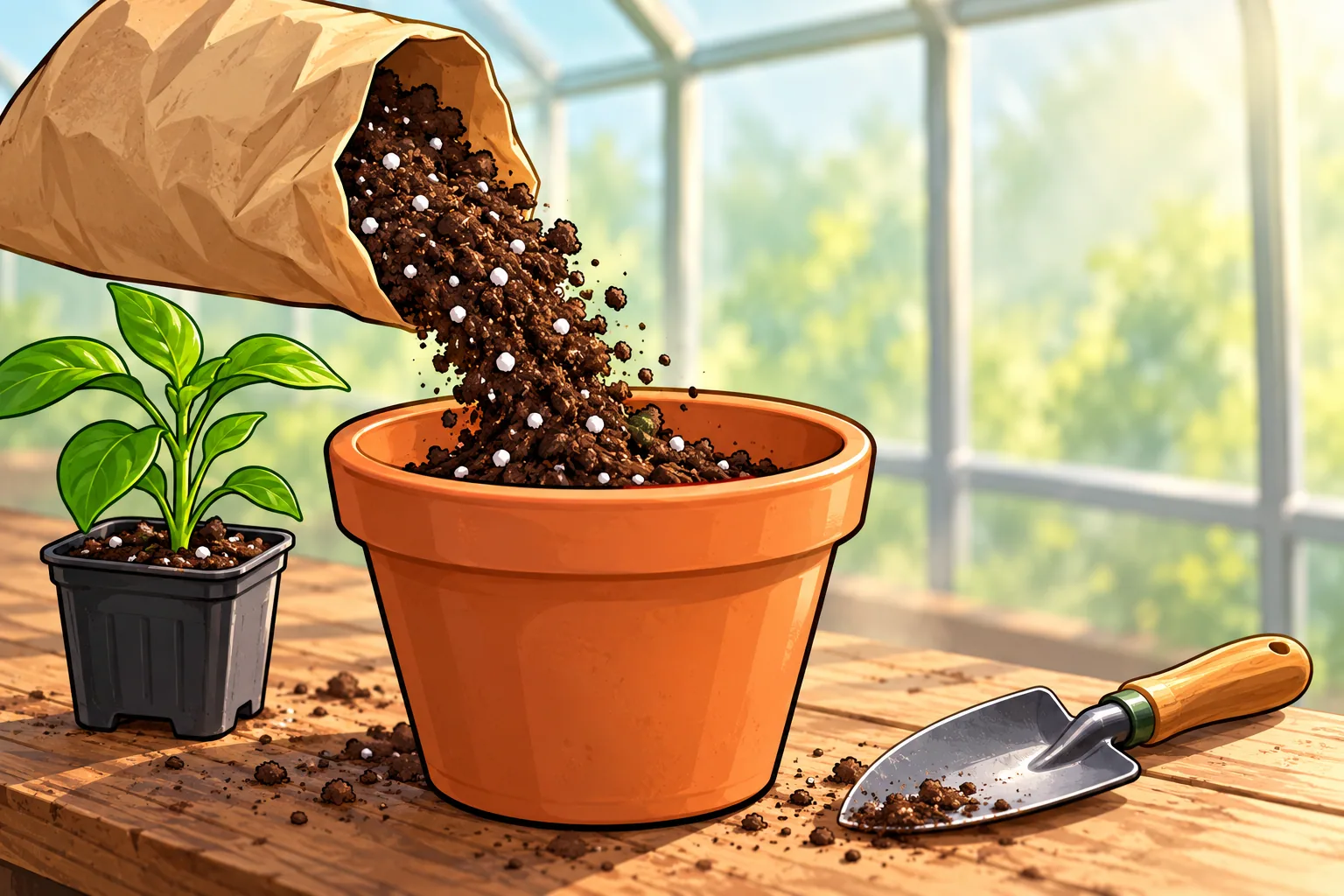 Dark, fluffy potting mix speckled with white perlite pouring from a plain paper sack into an empty terracotta pot on a greenhouse bench, a pepper seedling and a trowel beside it.