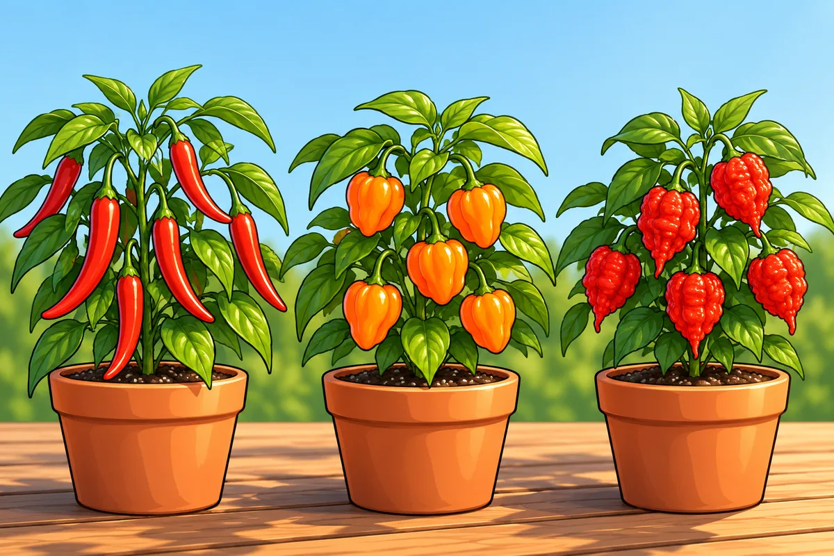 Five potted hot pepper plants in a row on a sunny deck, each carrying pods of a different shape and color.