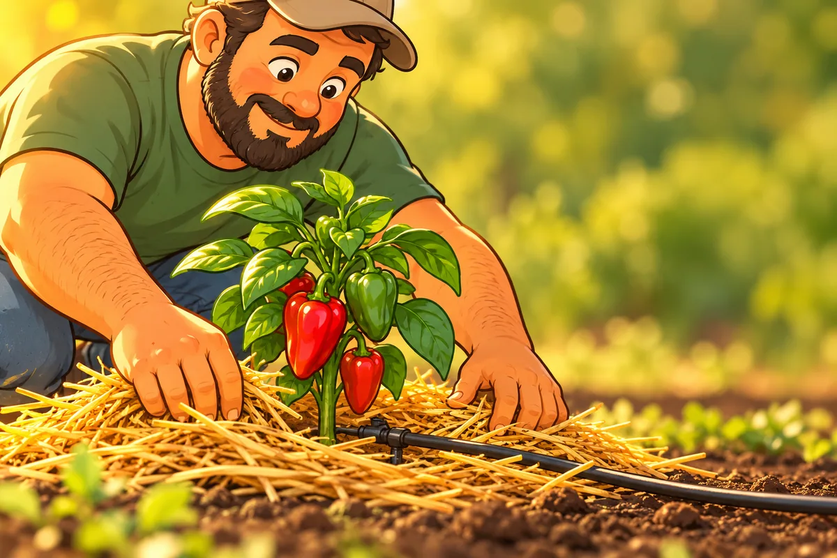 A man in his forties with a beard mulching pepper plants with straw in a backyard bed, a drip line running along the row.