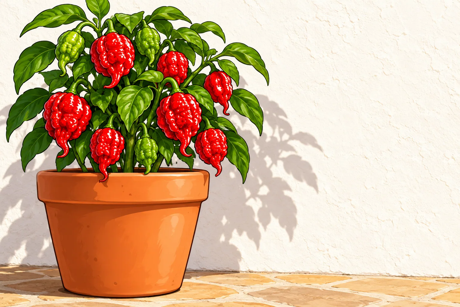 A Carolina Reaper plant in a large terracotta pot by a sunny garden wall, hung with wrinkled red pods that each end in a small pointed tail.