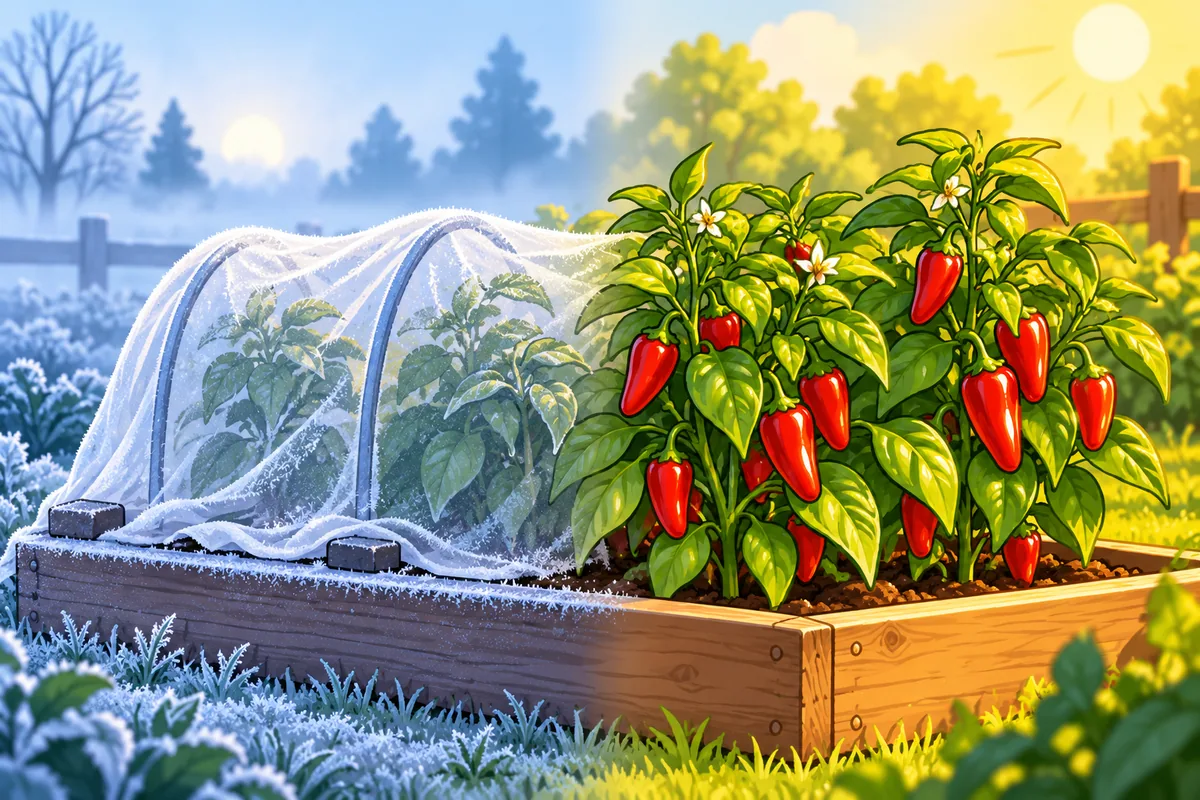 A split garden scene: pepper plants under a frost cloth on a cold spring morning on one side, and the same bed in full summer sun on the other.