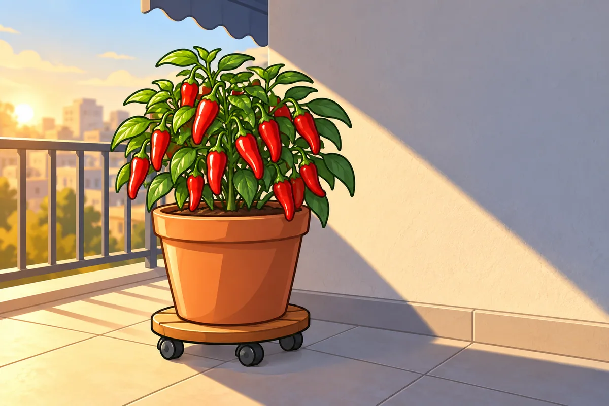 A terracotta pot holding a compact pepper plant hung with slim red pods, standing on a wheeled plant caddy at the edge of a sunny patch on a balcony, a shaded wall beside it.