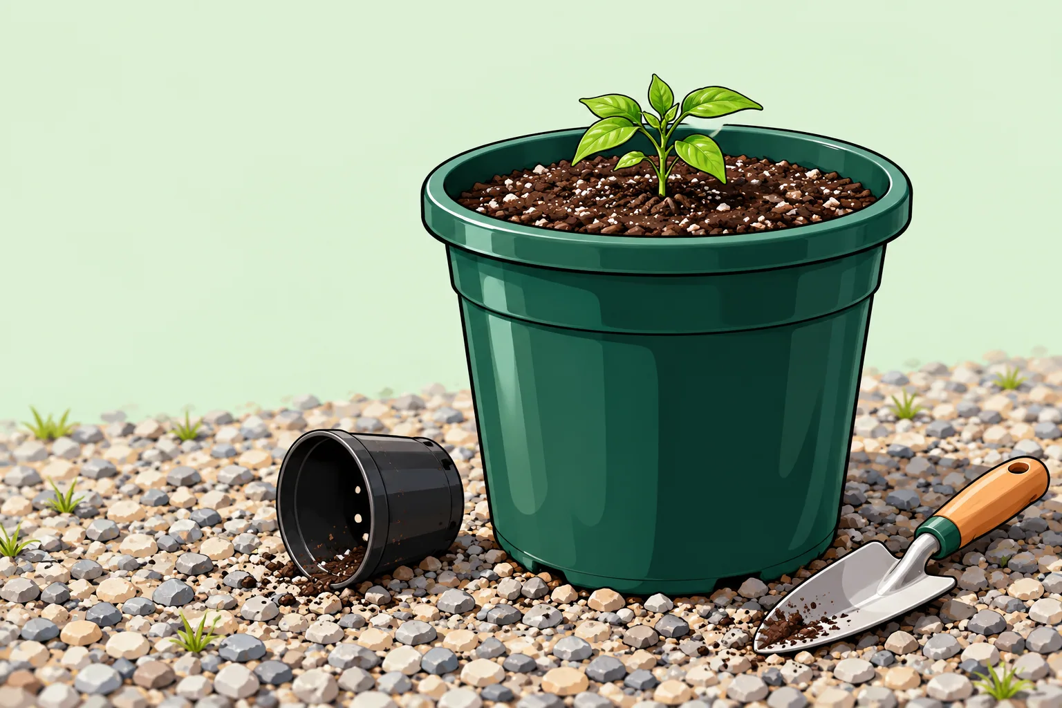 A small pepper seedling just planted in the middle of a big dark green 5-gallon pot on a gravel driveway, its tiny nursery pot lying empty beside it with a trowel.