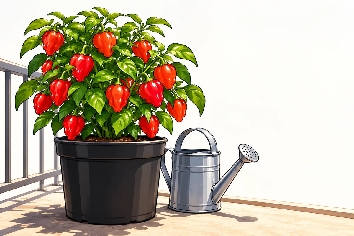 Three pepper plants in a black plastic pot, a fabric grow bag and a drilled 5-gallon bucket on a sunny apartment balcony.