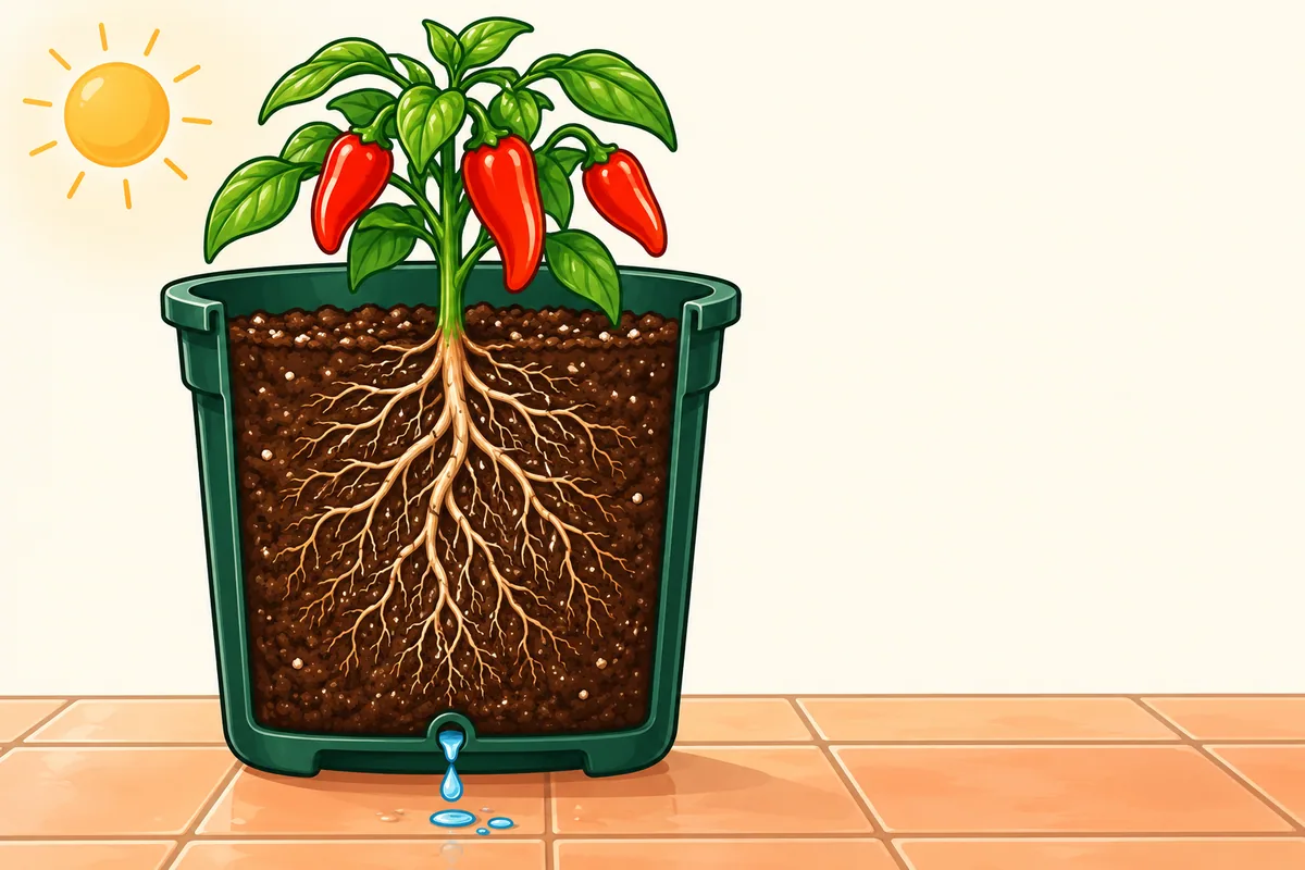 A cut-away view of a 5-gallon pot holding one pepper plant, showing the mix filling the pot to the bottom and a drainage hole underneath.