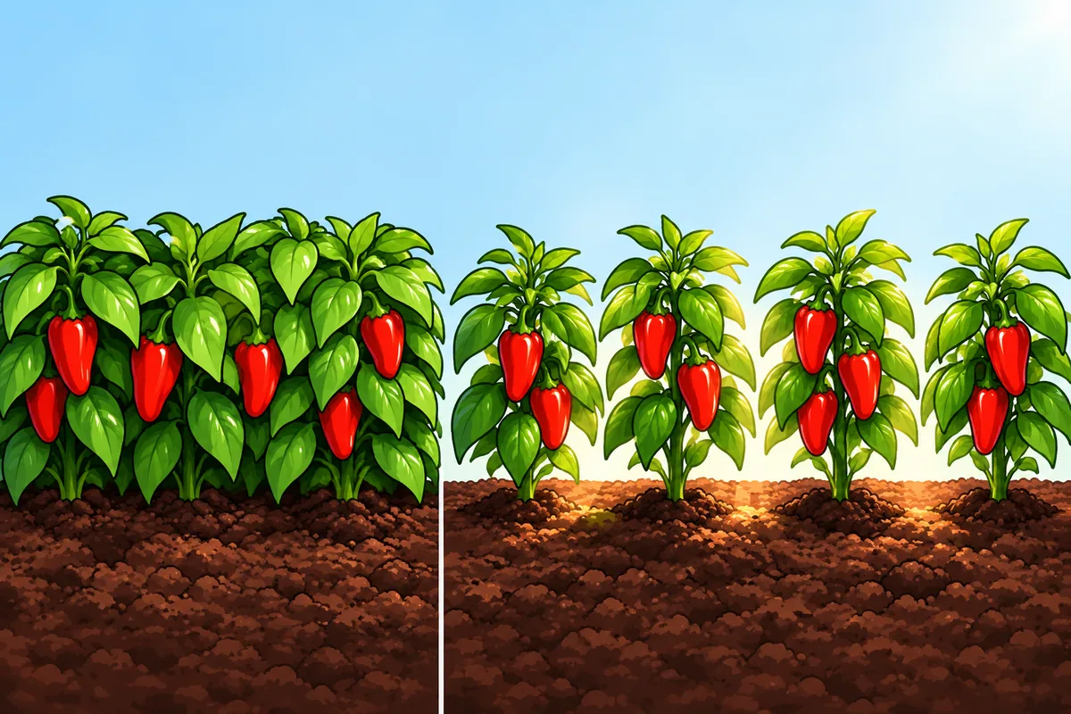 Two halves of one garden bed: on the left four pepper plants with overlapping leaves forming a dense wall, on the right four plants with clear gaps and sunlight passing between them.