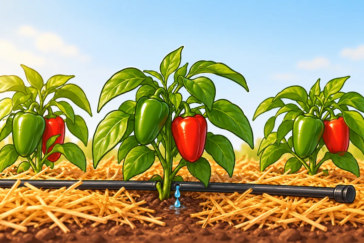 A thin black drip tube running along a row of three pepper plants with straw on the soil, water drops seeping from the tube at the base of the middle plant.