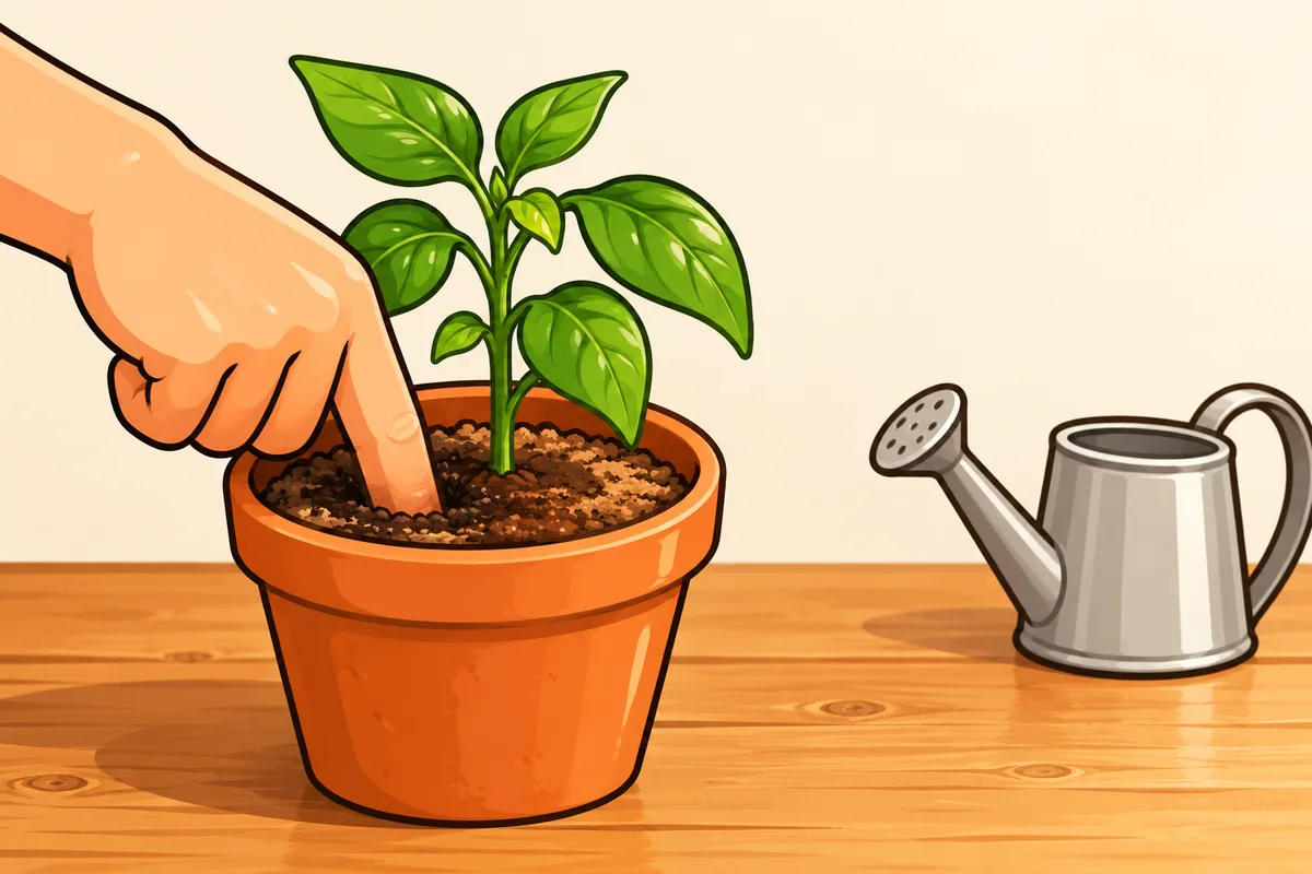 A hand pushing one finger into the soil of a small terracotta pot with a young pepper plant, the top of the soil pale and dry and the soil by the fingertip dark and damp.