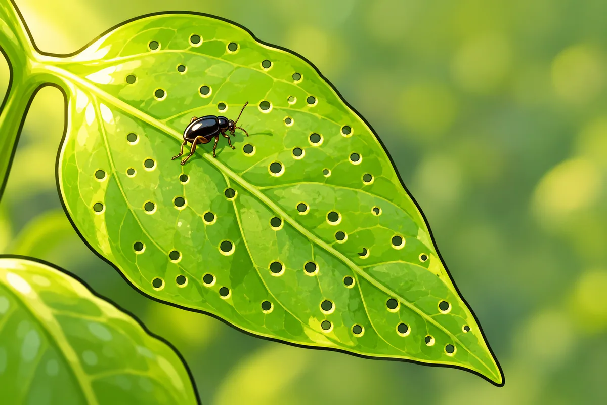 A young green pepper leaf covered in tiny round see-through holes with one small shiny black flea beetle sitting on it.