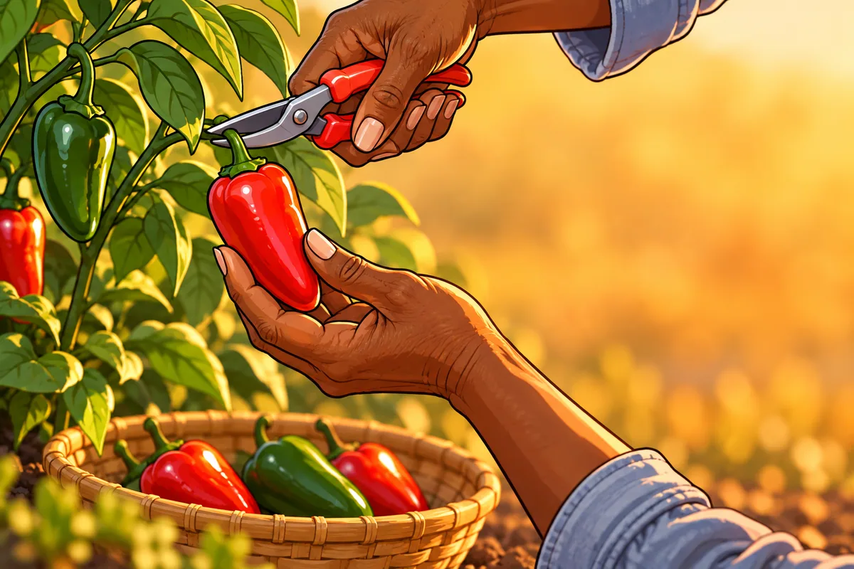 Two older dark-skinned hands cutting a red pepper off the plant with small garden snips, a woven basket of red and green peppers below, in warm evening light.