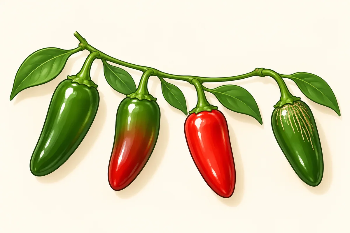 A pepper branch with four pods in a row: one glossy deep green, one green with a dark red blush from the tip, one bright glossy red, and one green jalapeño with tan crisscross lines on its shoulder.