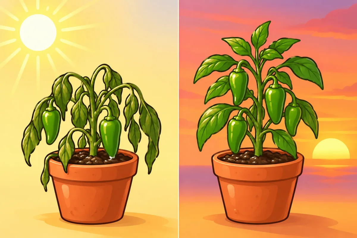 The same potted pepper plant in two halves of one picture: limp under a hot white sun on the left, upright under a soft orange sunset on the right.