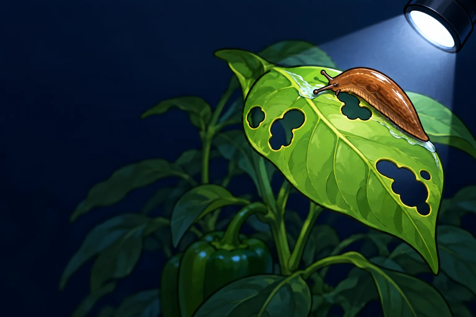 A slug resting on the edge of a pepper leaf full of ragged holes, a silvery slime trail behind it, lit by a flashlight beam against a dark night garden.