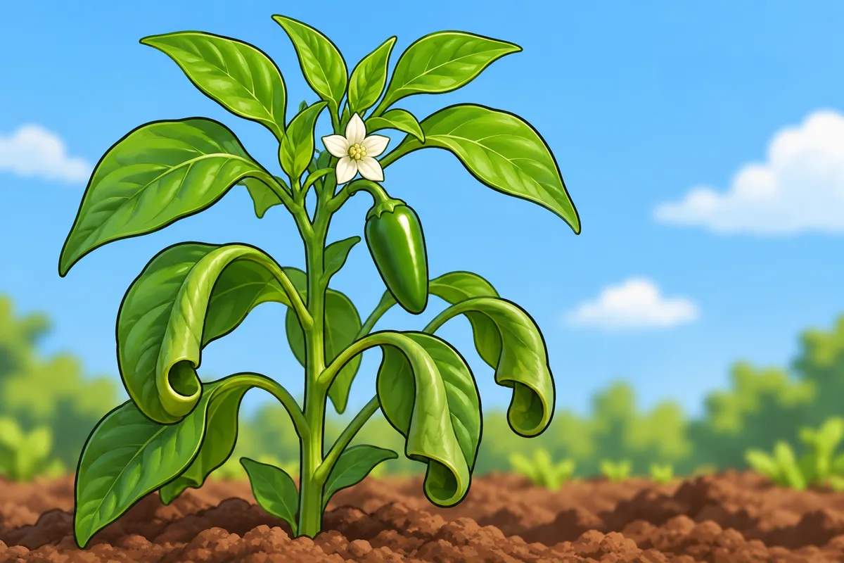 A pepper plant whose lower leaves are rolled downward like loose tubes while the new leaves on top are flat and green, with a white flower and a small green pod.