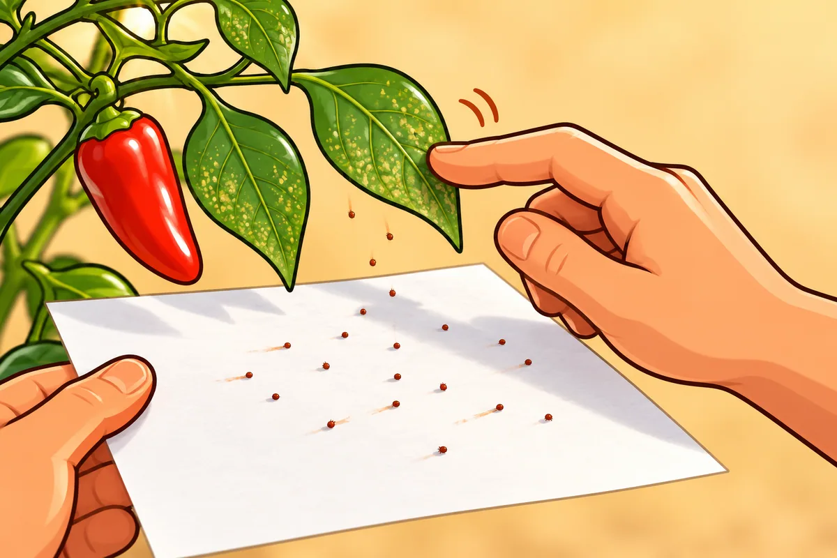 One hand holding a sheet of white paper under a pepper branch with speckled leaves while another hand taps it, tiny reddish dots lying on the paper.