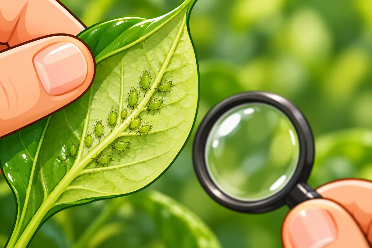 A close view of a pepper plant with one curled leaf turned over to show its underside, a small hand lens held beside it.