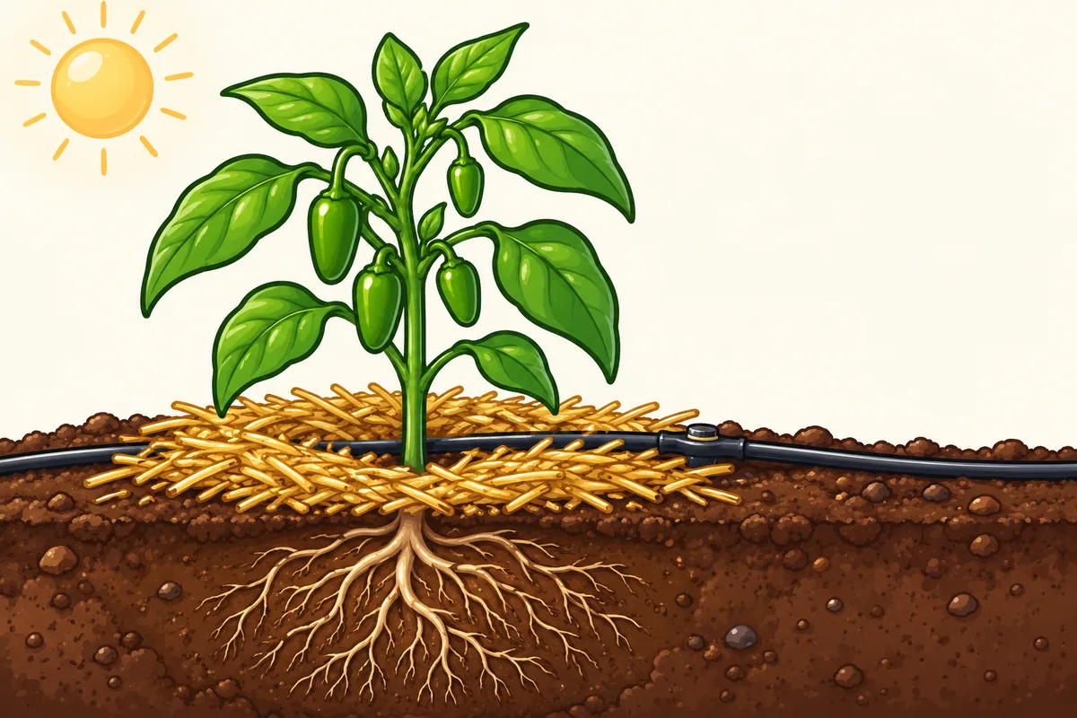 A young pepper plant in garden soil with straw mulch around its base, a drip line beside it and the sun overhead.