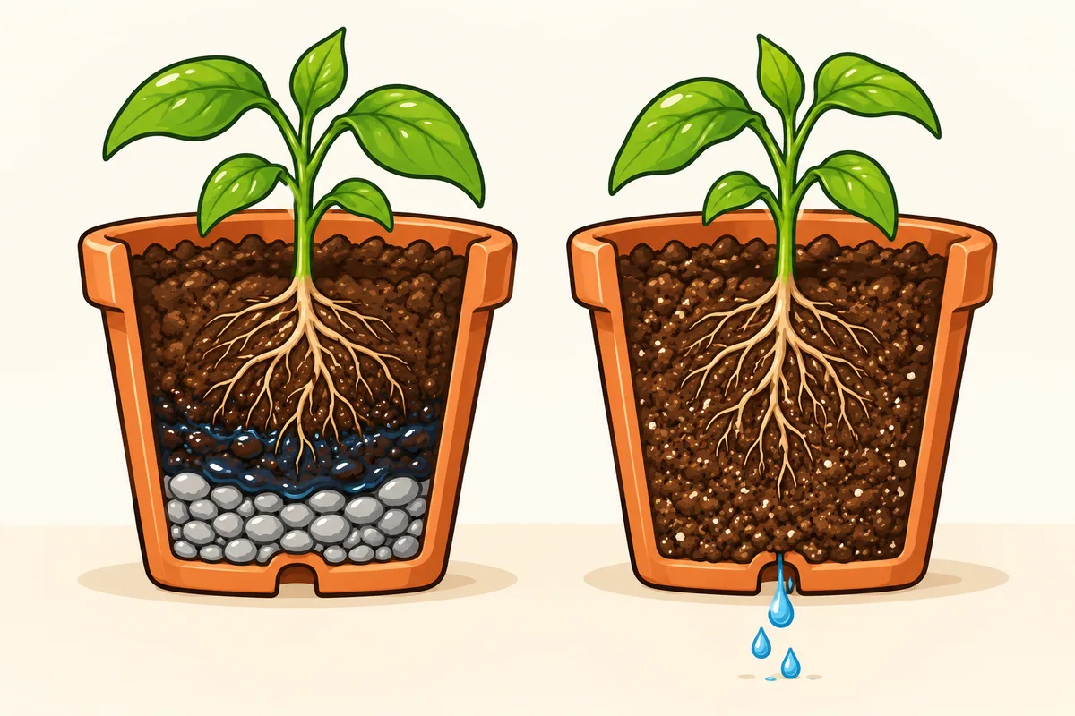 Two cutaway pots side by side: on the left a gravel layer at the bottom with a soaked dark band of mix just above it around the roots, on the right mix all the way down with water dripping from the drain hole.